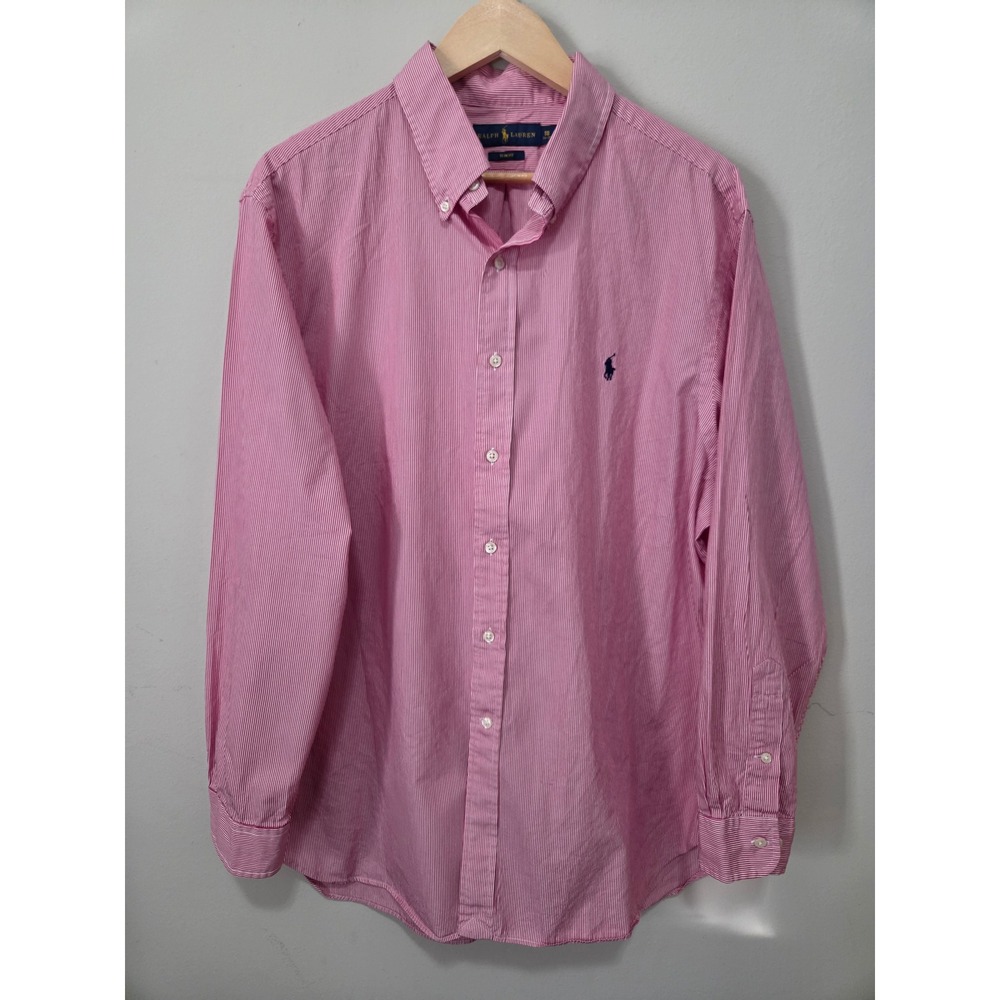 Ralph Lauren Mens Slim Fit Pink White Striped Button Down Shirt 18 34-35
